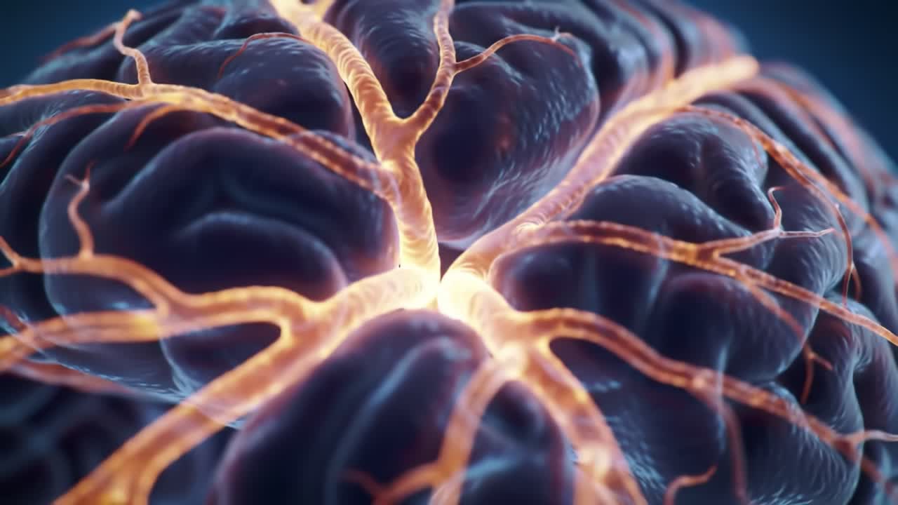 Intricate Neural Connection: Close-Up View of a Brain with Glowing Synaptic Paths Highlighting Complex Neural Activity and Structure