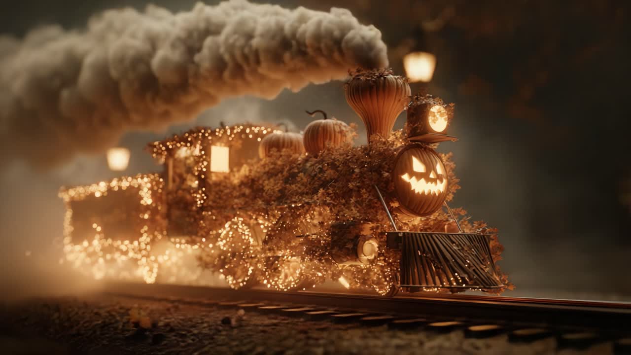 A Magical Train Decorated with Glowing Lights and Pumpkins, Creating a Spooky Yet Enchanting Atmosphere Amidst a Mysterious Forest Setting