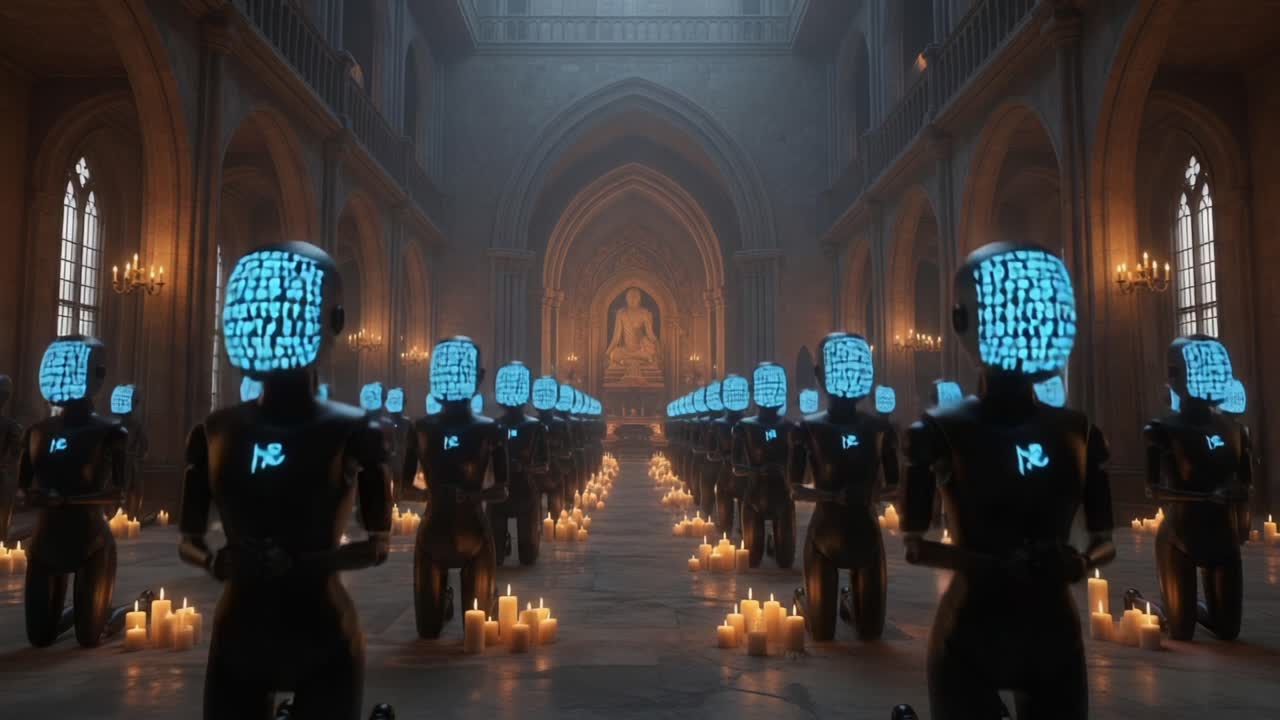 A Mysterious Gathering of Robotic Figures in a Dimly Lit Sanctuary Filled with Candles, Creating an Ethereal Atmosphere with a Touch of the Supernatural and Technological Fusion