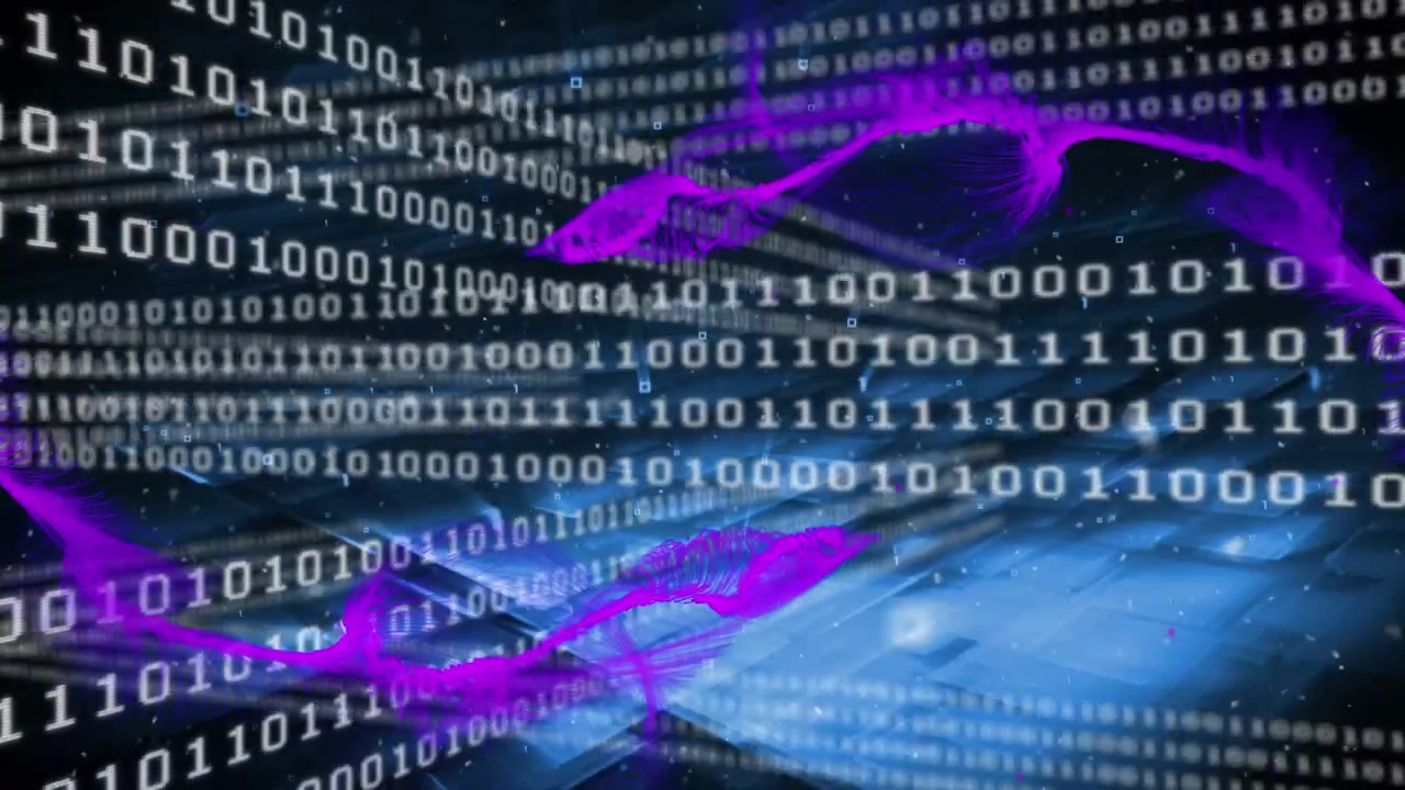 Animation of shapes and binary coding on black background