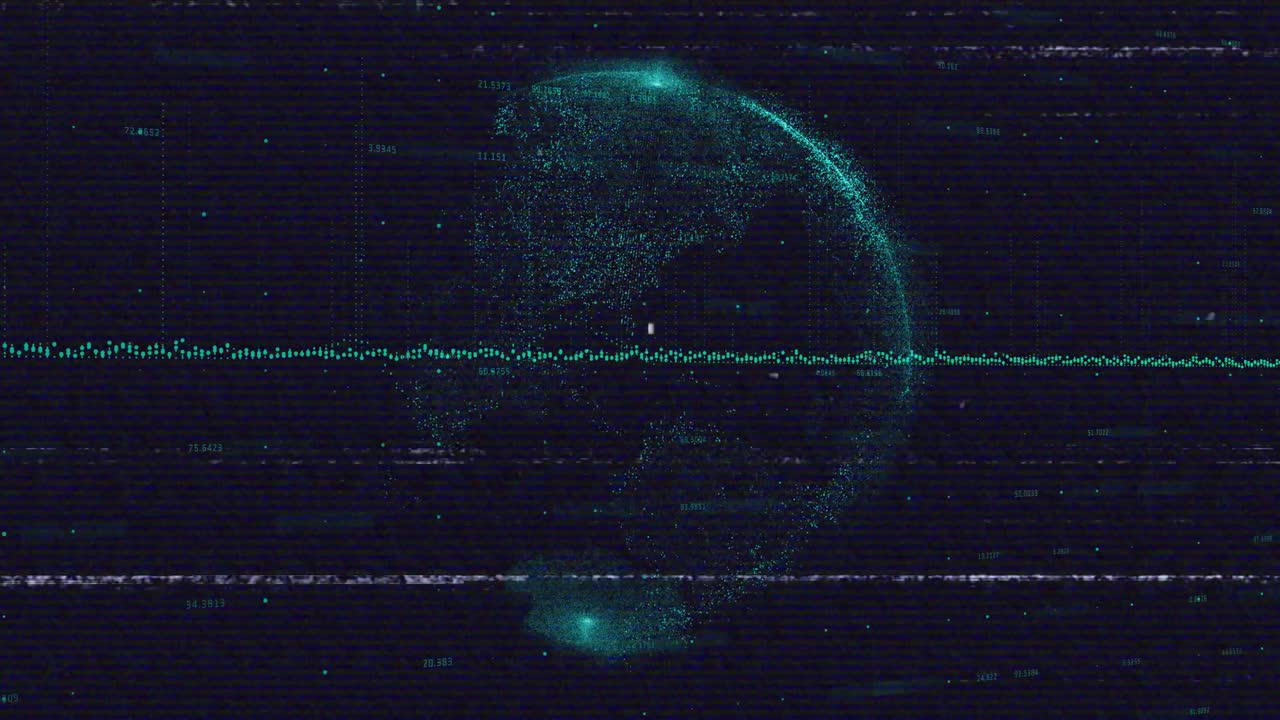 Static glitch initiating, turquoise waveform rising, points forming rotating globe for data display