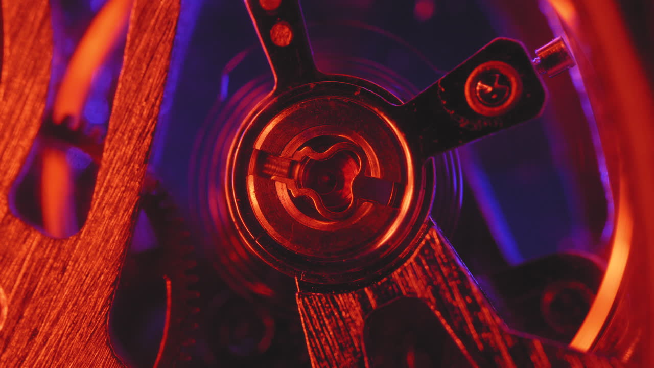 Old Pocket Watch Moving Mechanism In Red Light, macro