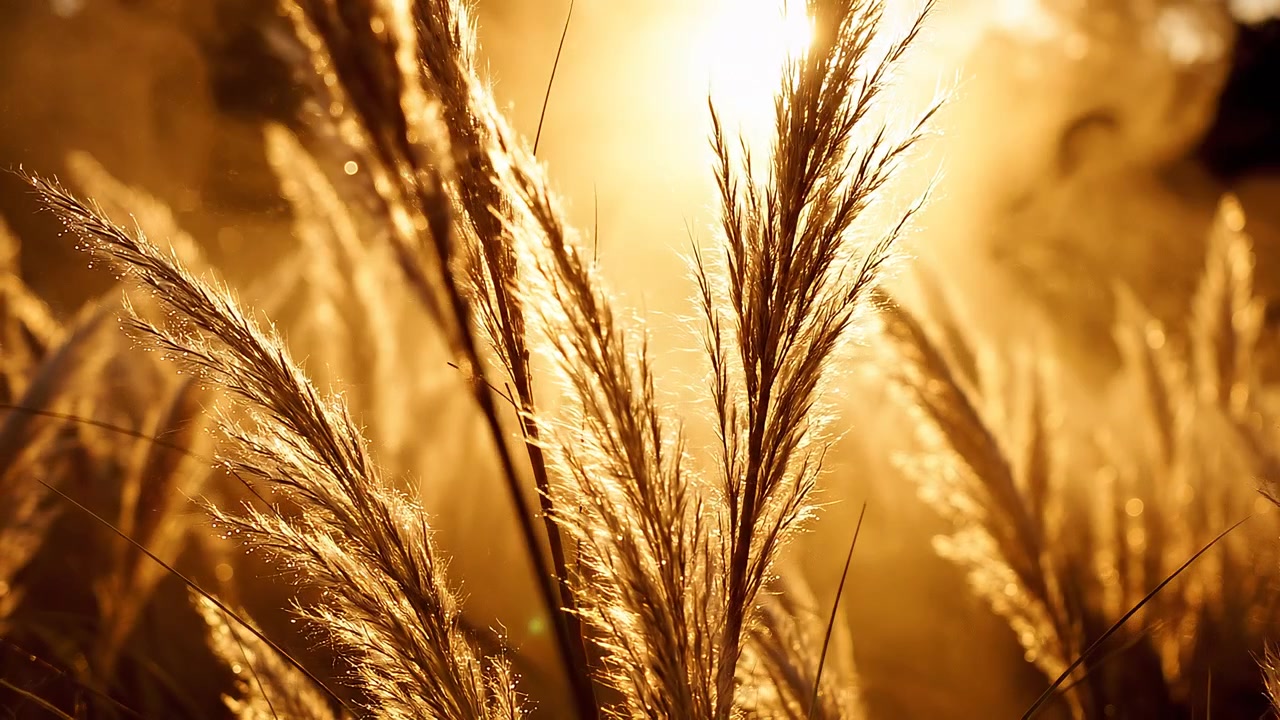 Campo de hierba alta a contraluz del atardecer dorado con gotas de rocío