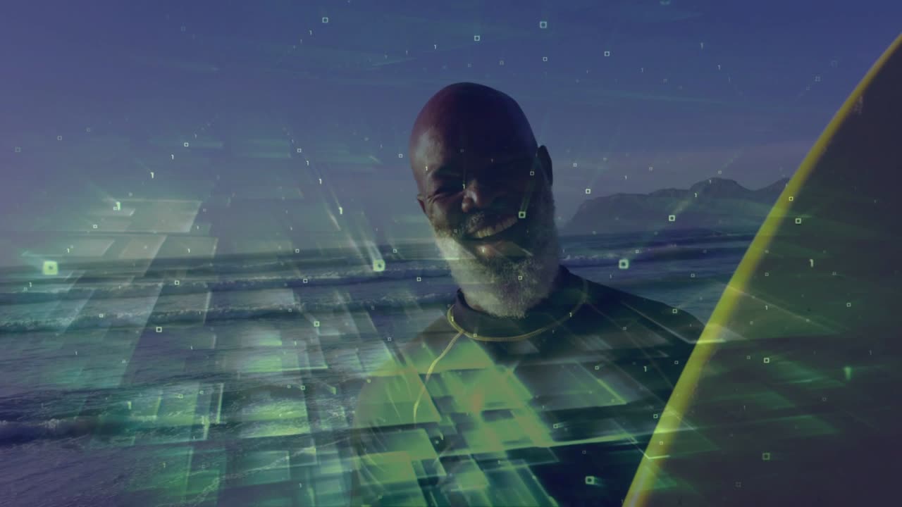 Surfer holding board on shore, with frames advancing green tech grid overlaying torso showing data