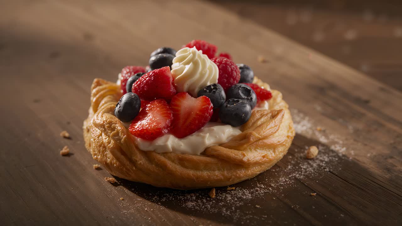 Panning puff pastry on dark table, camera refocusing on piped cream and berries showing texture