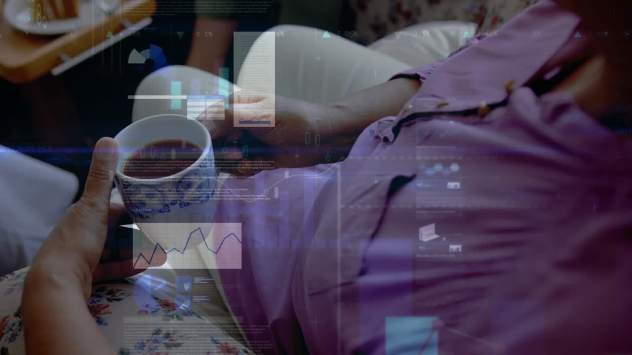 HUD fading in starting hand holding teacup, purple sitter shifting arm, charts visualizing data