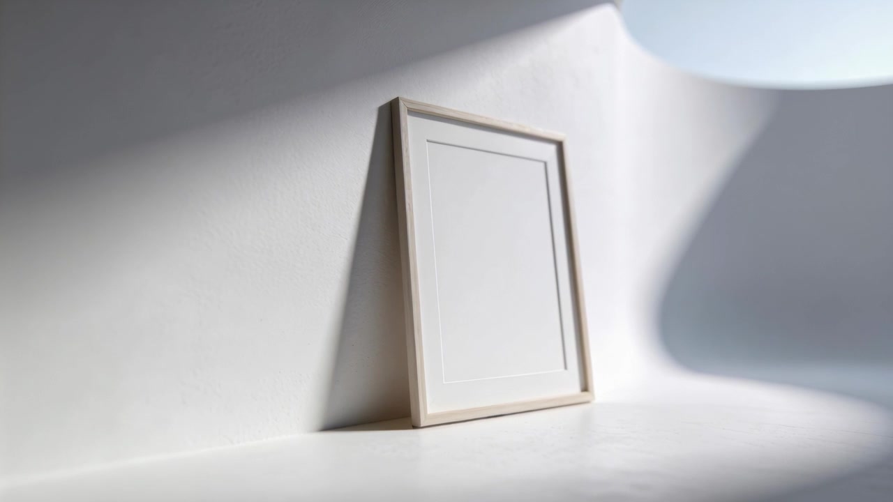 Moving softbox light from upper-right making oval highlight, wooden frame straightening on tabletop