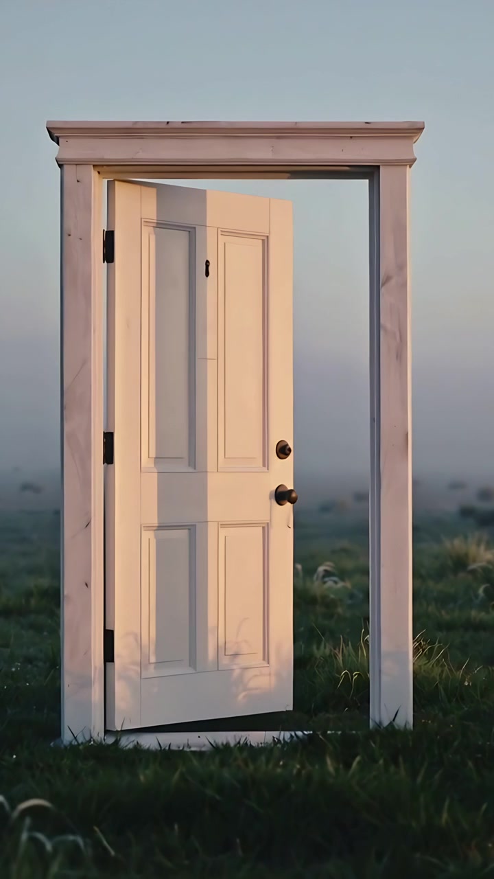 Video verticale: Una porta bianca si apre in una cornice di legno in un campo nebbioso, rivelando un prato oltre.