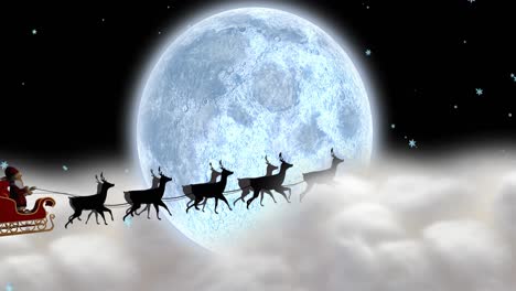 Animación-De-Papá-Noel-En-Trineo-Con-Renos-Moviéndose-Sobre-Las-Nubes-Y-La-Luna.