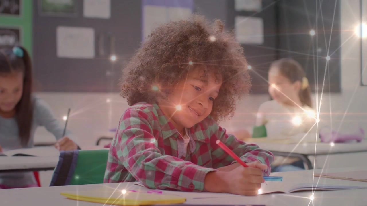 Front-row girl writing with red pencil in class, animated nodes responding to strokes to learn