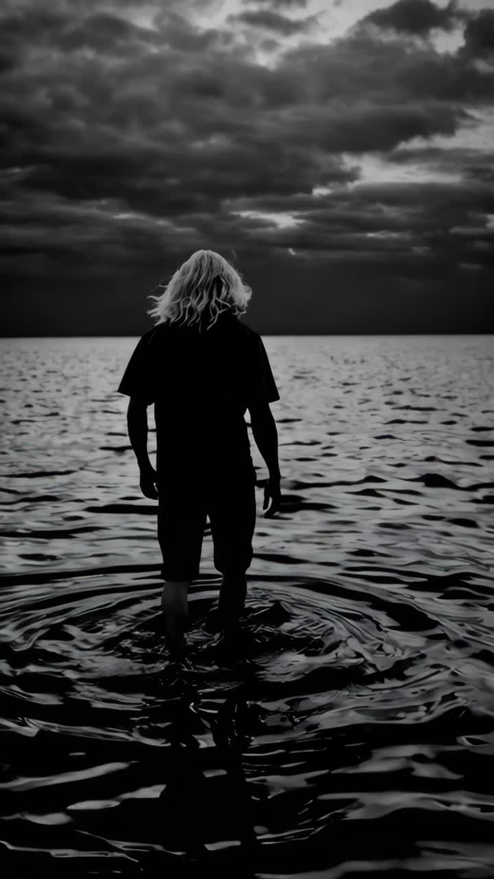 Person Walking in the Water at Sunset
