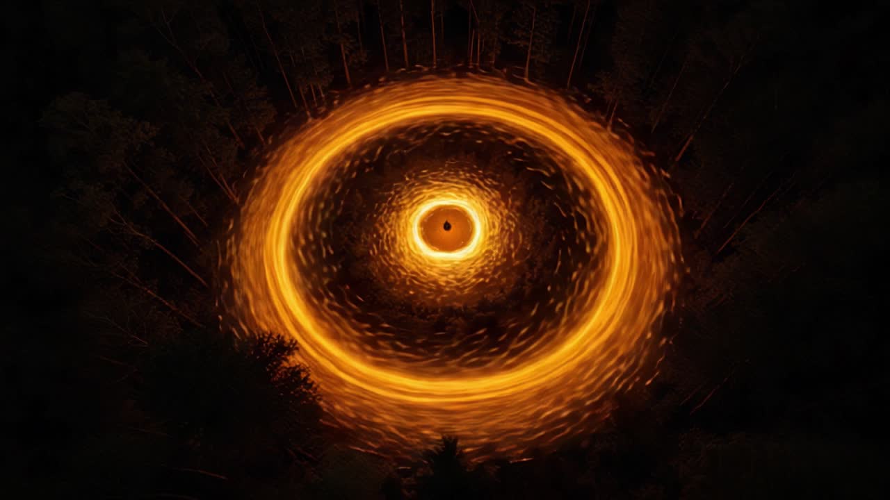 Illuminating Dance of Light: Mesmerizing Swirls of Fiery Orange Circle Above a Dark Forest, Capturing the Essence of Movement and Energy in Nature's Embrace