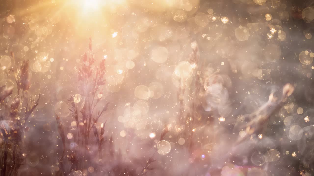 Et lysnende glimt bader solbelyst gress og bokeh på en frostbelagt eng, partikler driver med brisen.