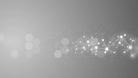 technological gray background with molecular mesh and hexagonal shapes. lines connecting the points. looped animation.