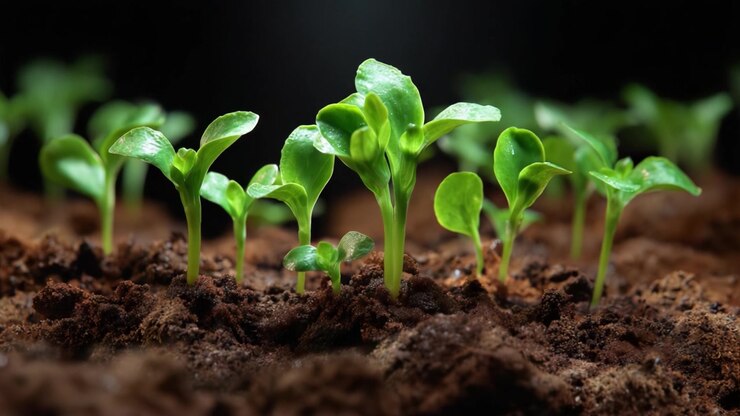 Close-Up View of Emerging Seedlings Growing from Rich Soil, Highlighting the Beauty and Vitality of New Plant Life Under Soft Lighting Conditions