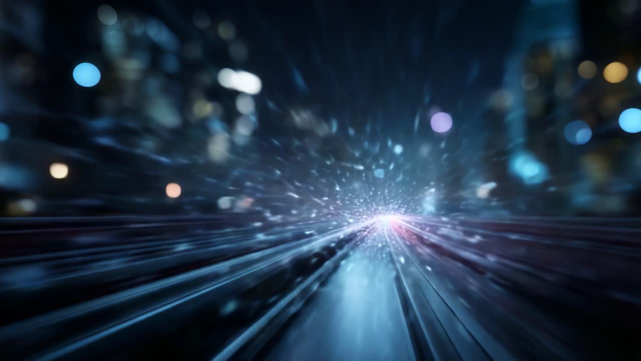 Un viaggio affascinante attraverso un corridoio di luci abbagliante, che mostra sfocature di movimento dinamiche ed effetti bokeh colorati su uno sfondo urbano vivace di notte
