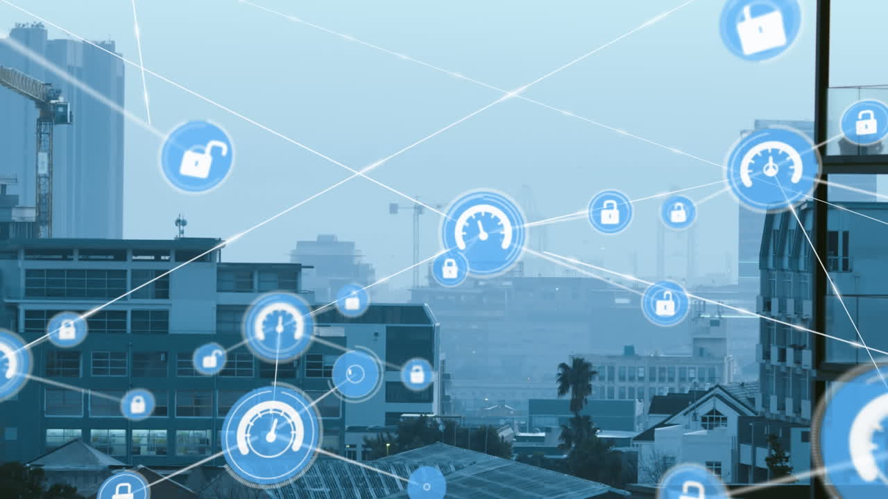 Animazione di una rete di icone digitali su una veduta aerea di un paesaggio urbano