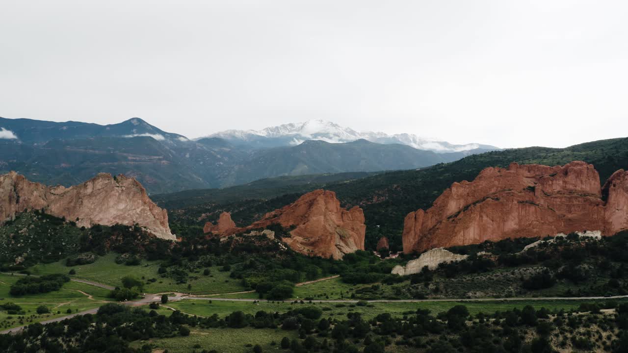Wide drone shot of Garden of the Gods sitting amidst Colorado's lush landscape