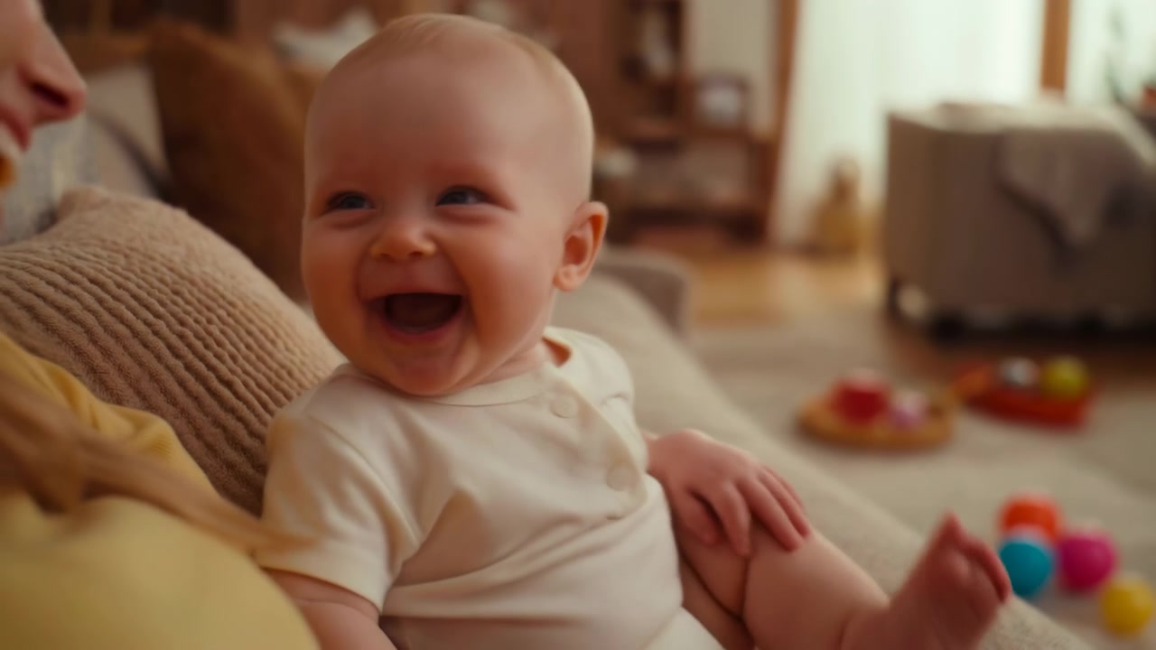 Lächelndes Baby auf dem Sofa mit Mutter, kichernd und interagierend mit dem Elternteil, buntes Spielzeug im Hintergrund verstreut.