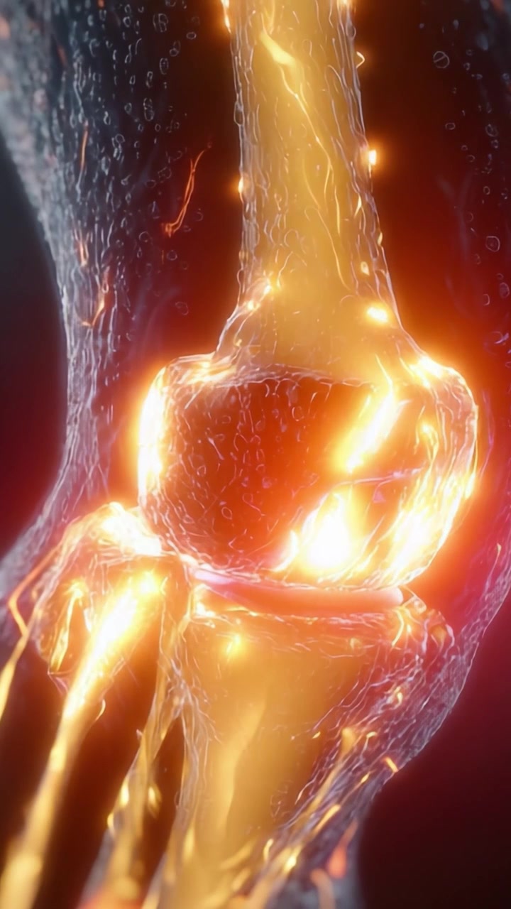 Una exploración detallada de la articulación de la rodilla humana: Una visualización iluminada de ligamentos, cartílago y dinámica de fluidos en movimiento.
