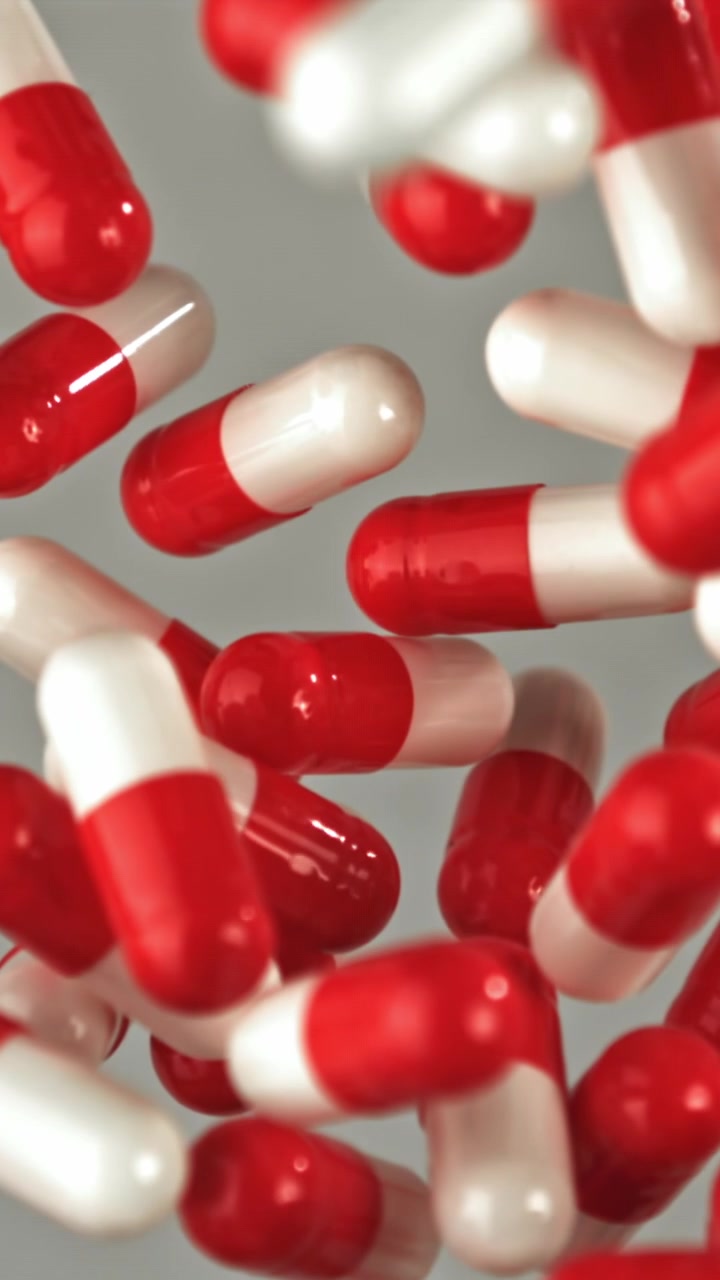 Capsule mediche rosse e bianche che cadono al rallentatore