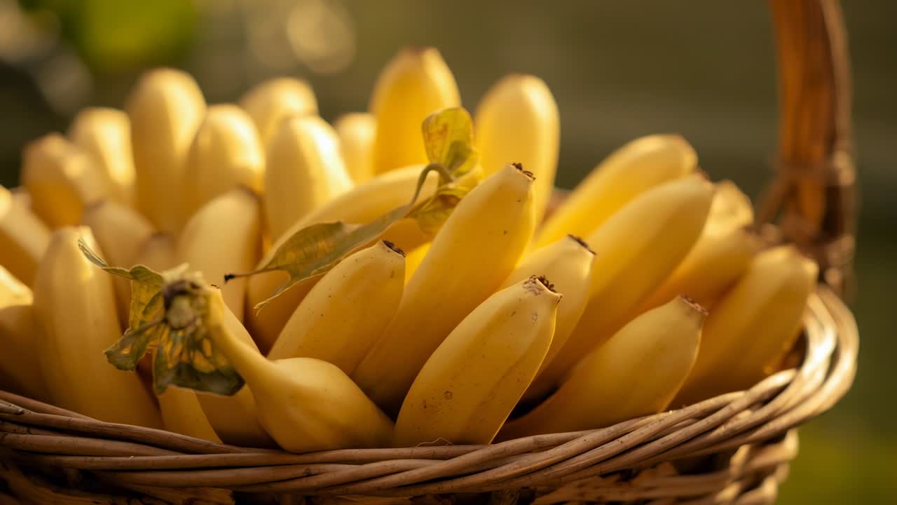 Opening camera pushing in and shifting focus in garden, showing wicker basket of yellow bananas