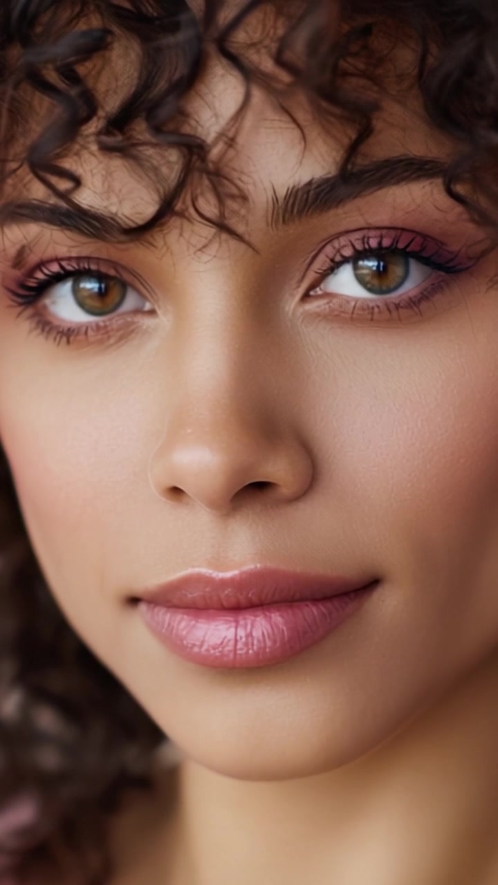 A Close-Up Portrait of a Beautiful Young Woman with Curly Hair and Subtle Makeup, Framed by Delicate Flowers for a Fresh and Natural Aesthetic