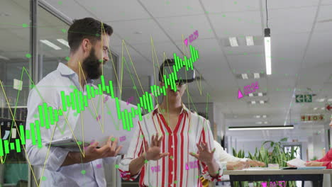 financial data analysis animation over business people discussing in modern office