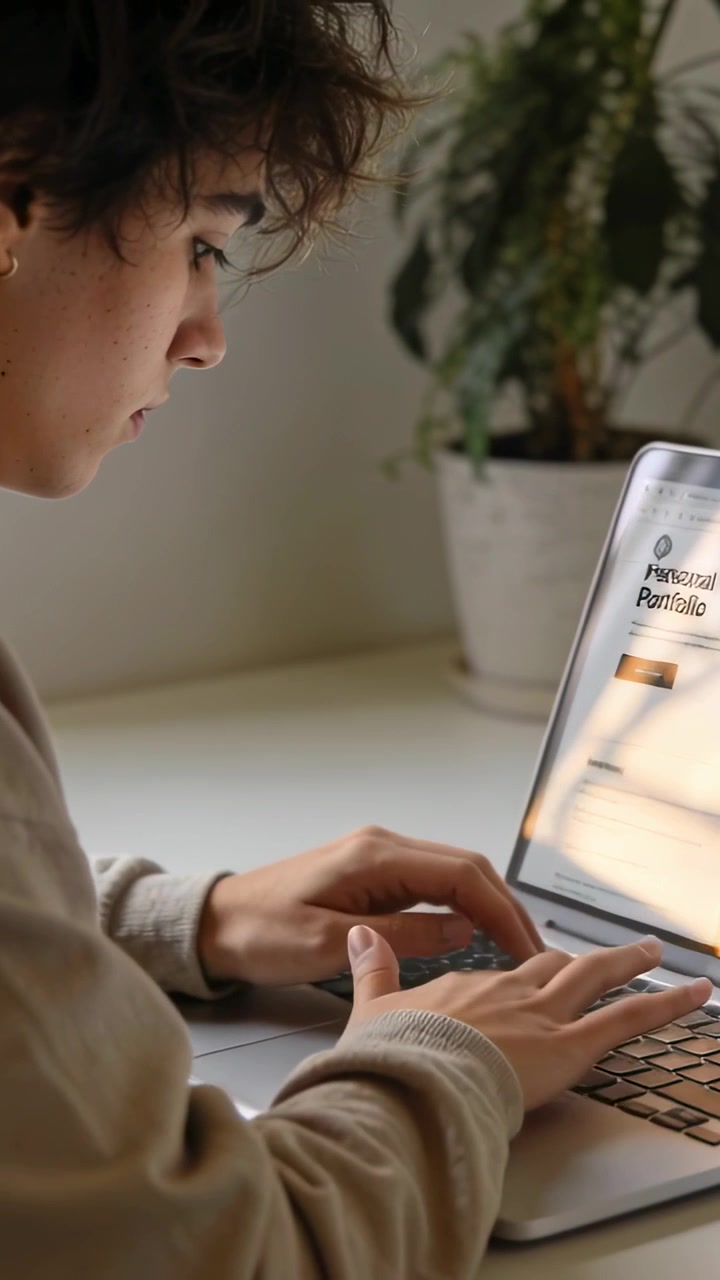 Vertical video: Seeing portfolio, typing person in sweater editing site at home, laptop, plant seen