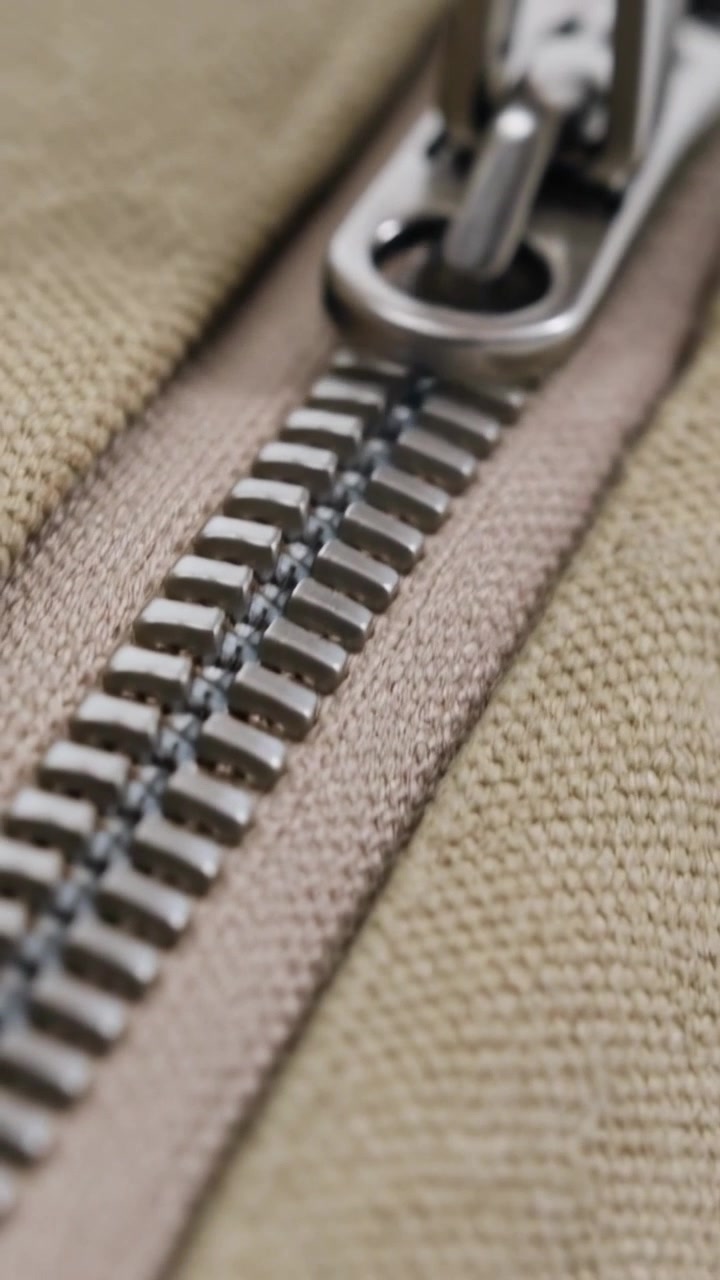 Verticale video: Vingertop die een metalen ritssluitingtrekker langs beige canvas opent om een tas te openen