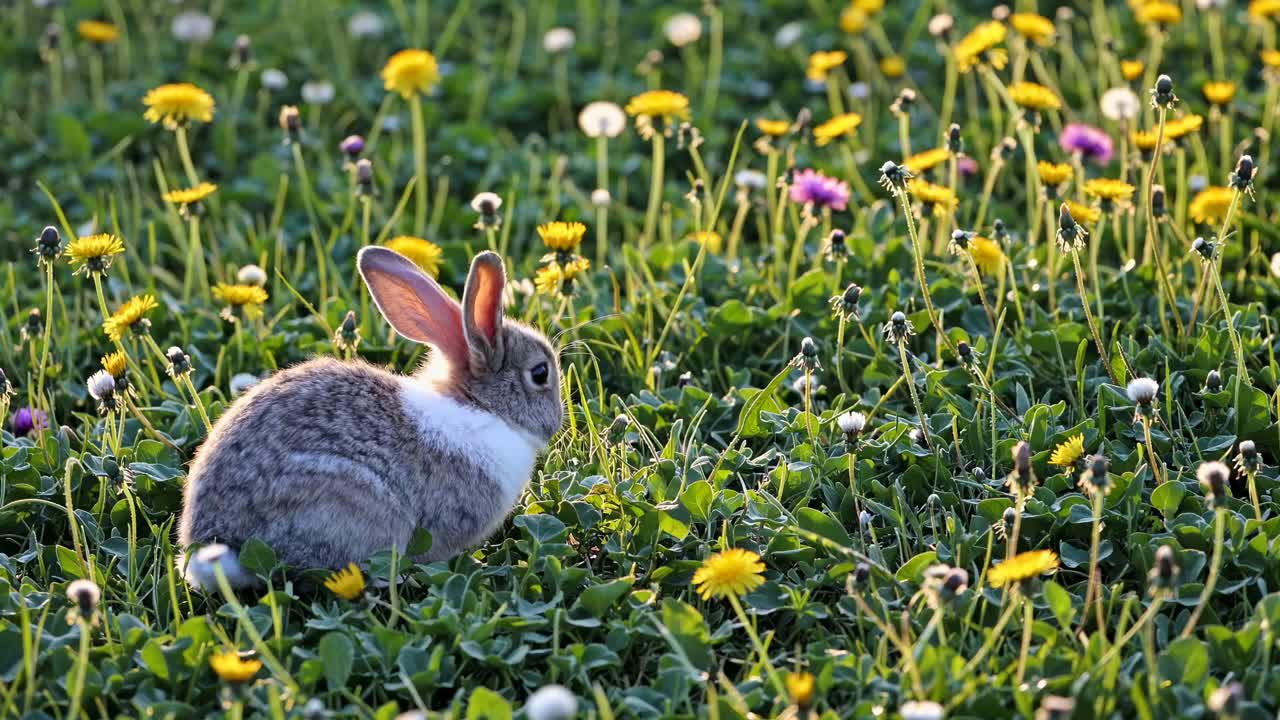 Coelho fofo sentado em um campo de dentes-de-leão e grama verde