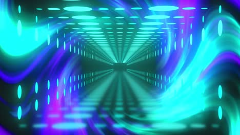 Animation-of-blue-and-green-shapes-over-spots-and-digital-tunnel