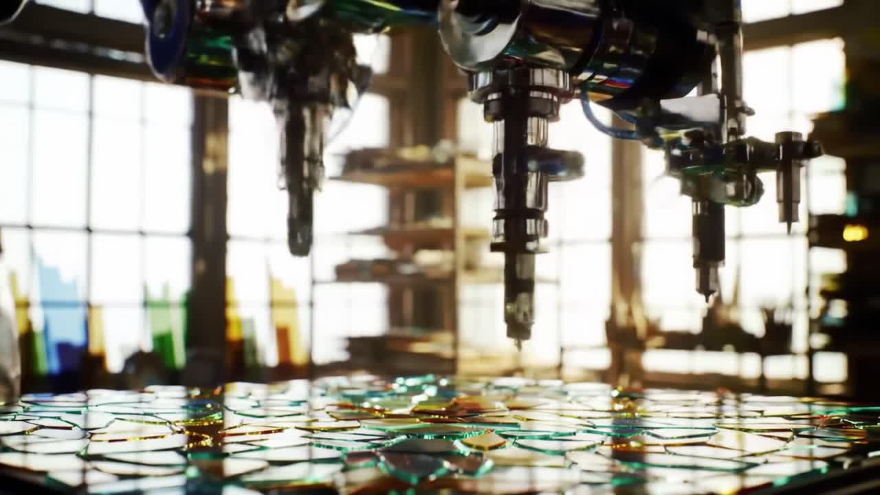 A Robotic Arm Skillfully Engages with Colorful Mosaic Tiles, Showcasing Advanced Glass Art Techniques in a Bright Studio Environment with Natural Light