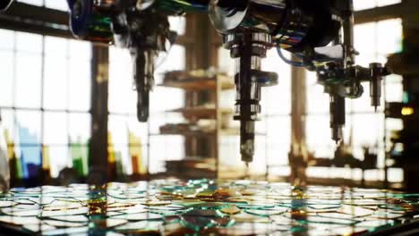 a robotic arm skillfully engages with colorful mosaic tiles, showcasing advanced glass art techniques in a bright studio environment with natural light