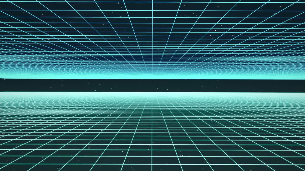 Animation of gaming features and equipment with grid on black background