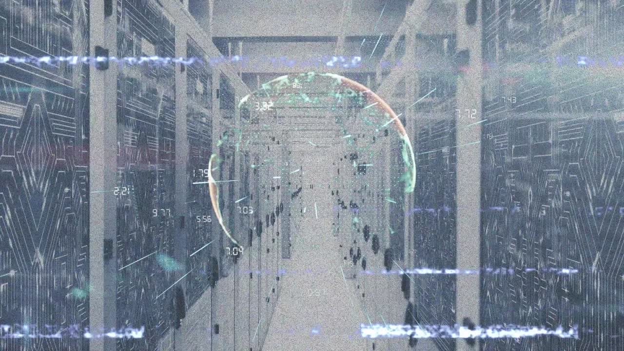 파란색 배경에 데이터 처리를 통해 녹색 모양과 아이콘의 애니메이션