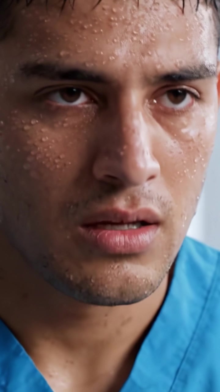 Intense Focus: A Close-Up of a Sweaty Medical Professional Reflecting Deeply on a Challenging Situation with Emotion and Determination
