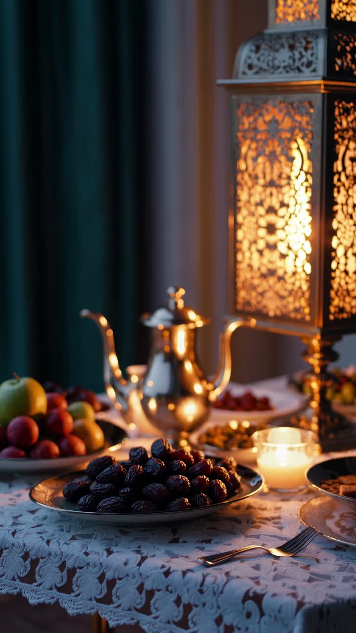 Illuminating a beautifully set table for iftar, a traditional Islamic metal lantern casts a warm glow over dates, grapes, nuts, tea, and candles, creating a serene Ramadan atmosphere