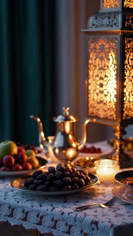 illuminating a beautifully set table for iftar, a traditional islamic metal lantern casts a warm glow over dates, grapes, nuts, tea, and candles, creating a serene ramadan atmosphere