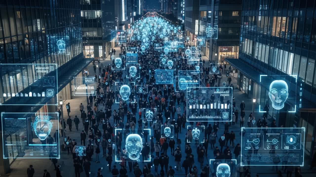 Modern Urban Scene with Digital Faces and Data Analytics Overlaid on a Large Crowd Gathering in a Futuristic City Environment at Night