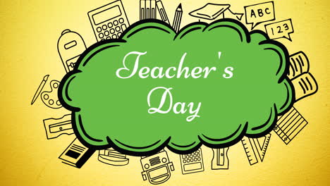 animation of happy teacher's day text over school items icons on green background