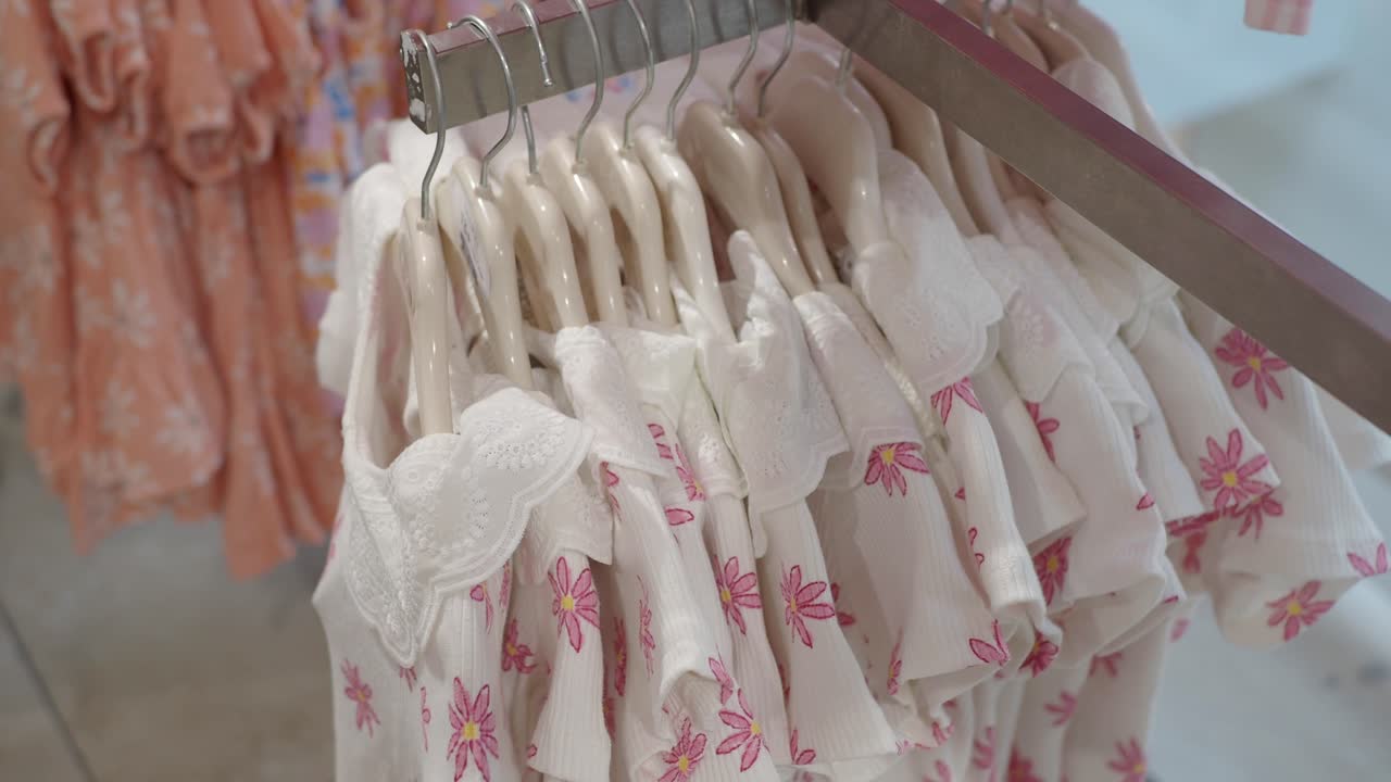 Magliette bianche per neonati con stampa floreale rosa su appendini in un negozio di abbigliamento