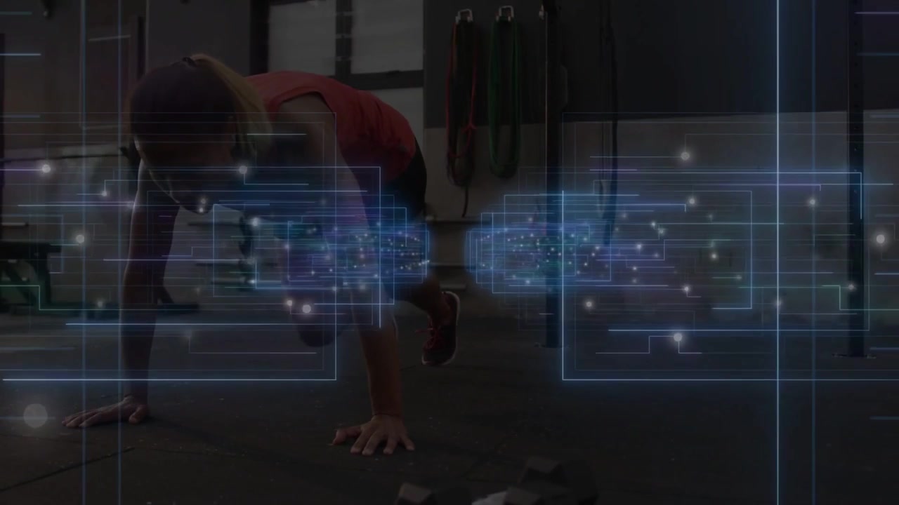 Woman alternating knee drives from plank in gym, building core while blue HUD tracking midline