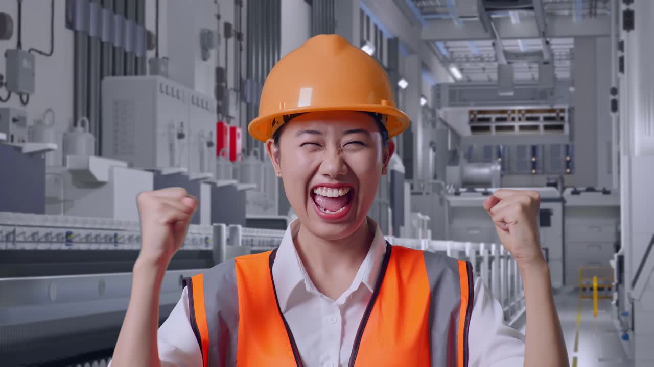 Close Up Of Asian Female Engineer With Safety Helmet Screaming Goal Celebrating Working At Pharmaceutical Factory, Vaccine Production Facility