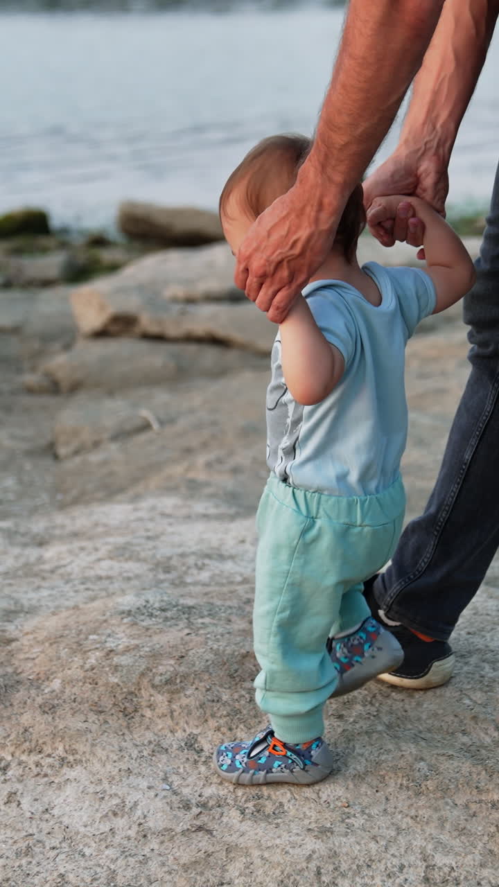 Small kid stepping excitedly by the big smooth stones. Dad supporting little child by the hands. River and wooded bank at backdrop. Vertical video