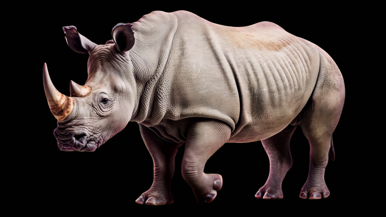Majestic rhino portrait, powerful presence animation isolated asset, transparent 4K video, alpha