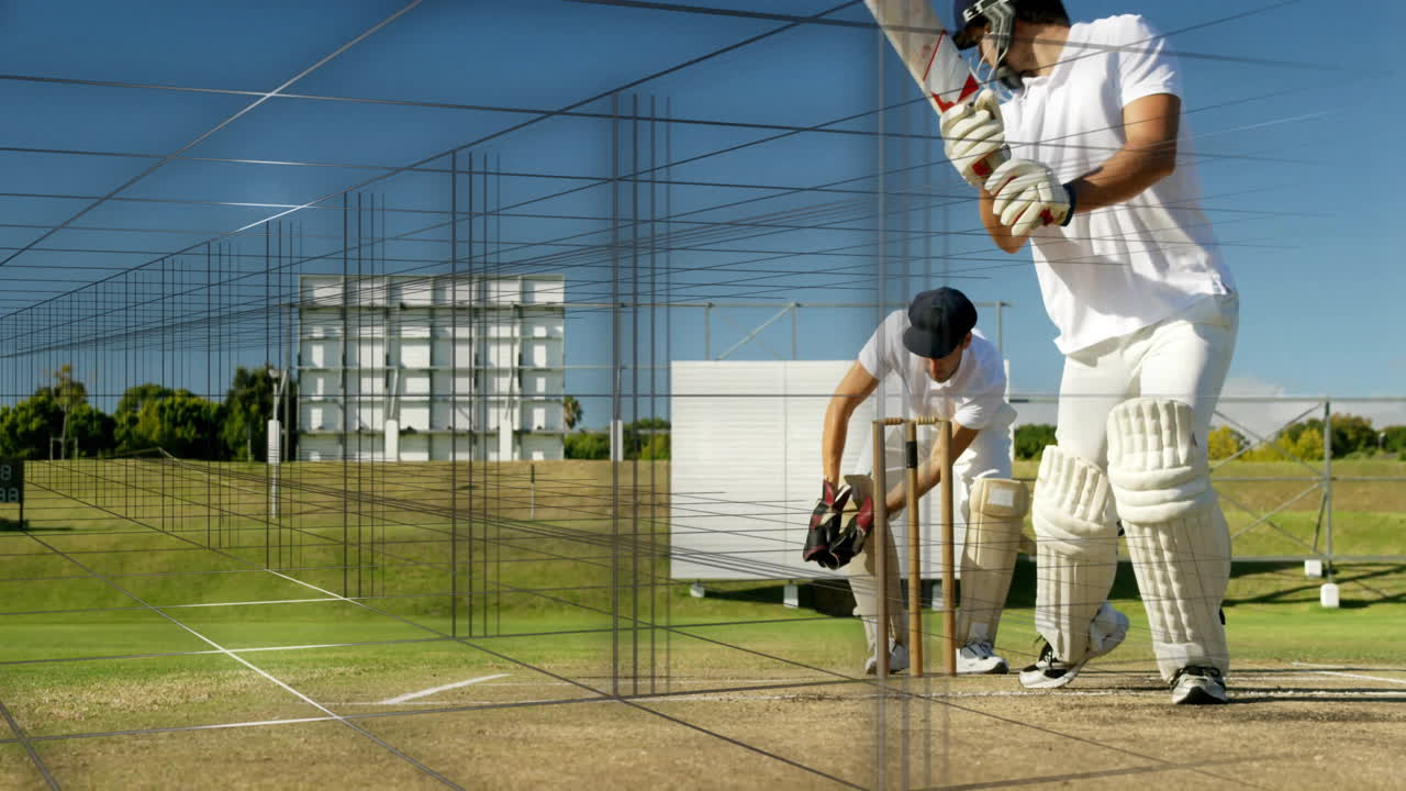 Animation overlaying scene, cricketers in action on field with digital grid