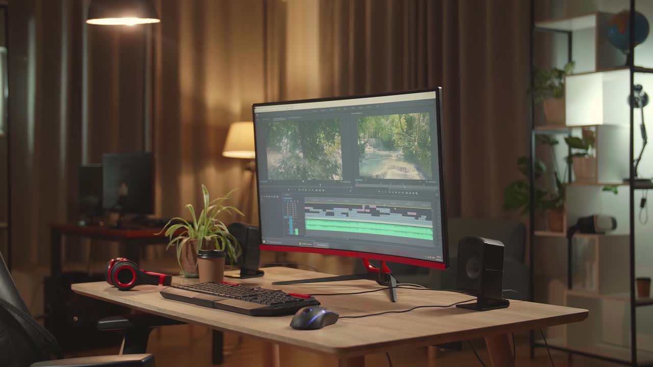 Desk With Video Editing Software On Personal Computer With Big Display At Night