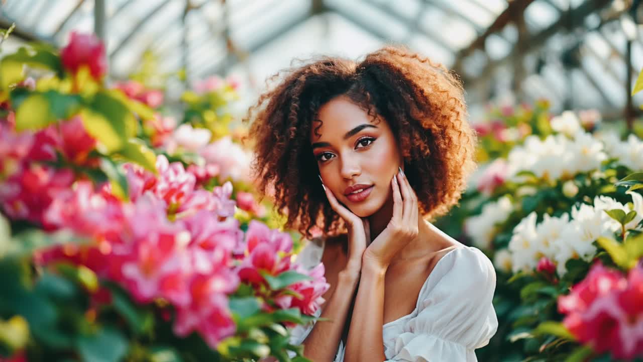 Femme dans une serre parmi les fleurs