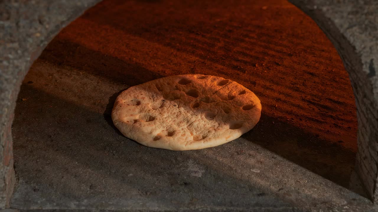Cottura di pane piatto rotondo che si gonfia per il calore del forno sul pavimento del focolare in pietra, cucinando per cena